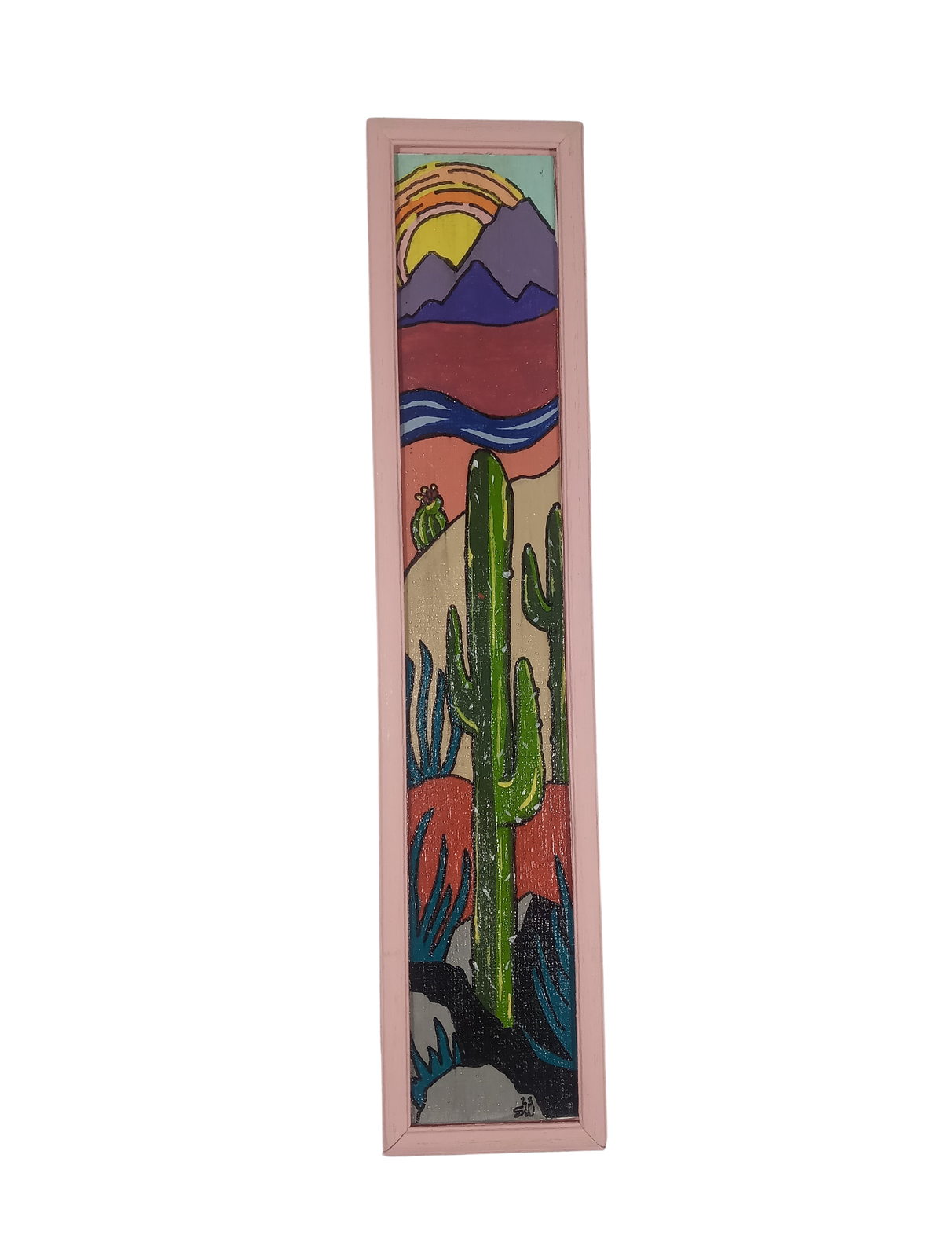 Saguaro Cactus with Sunset- Small Original Painting in Pink Frame