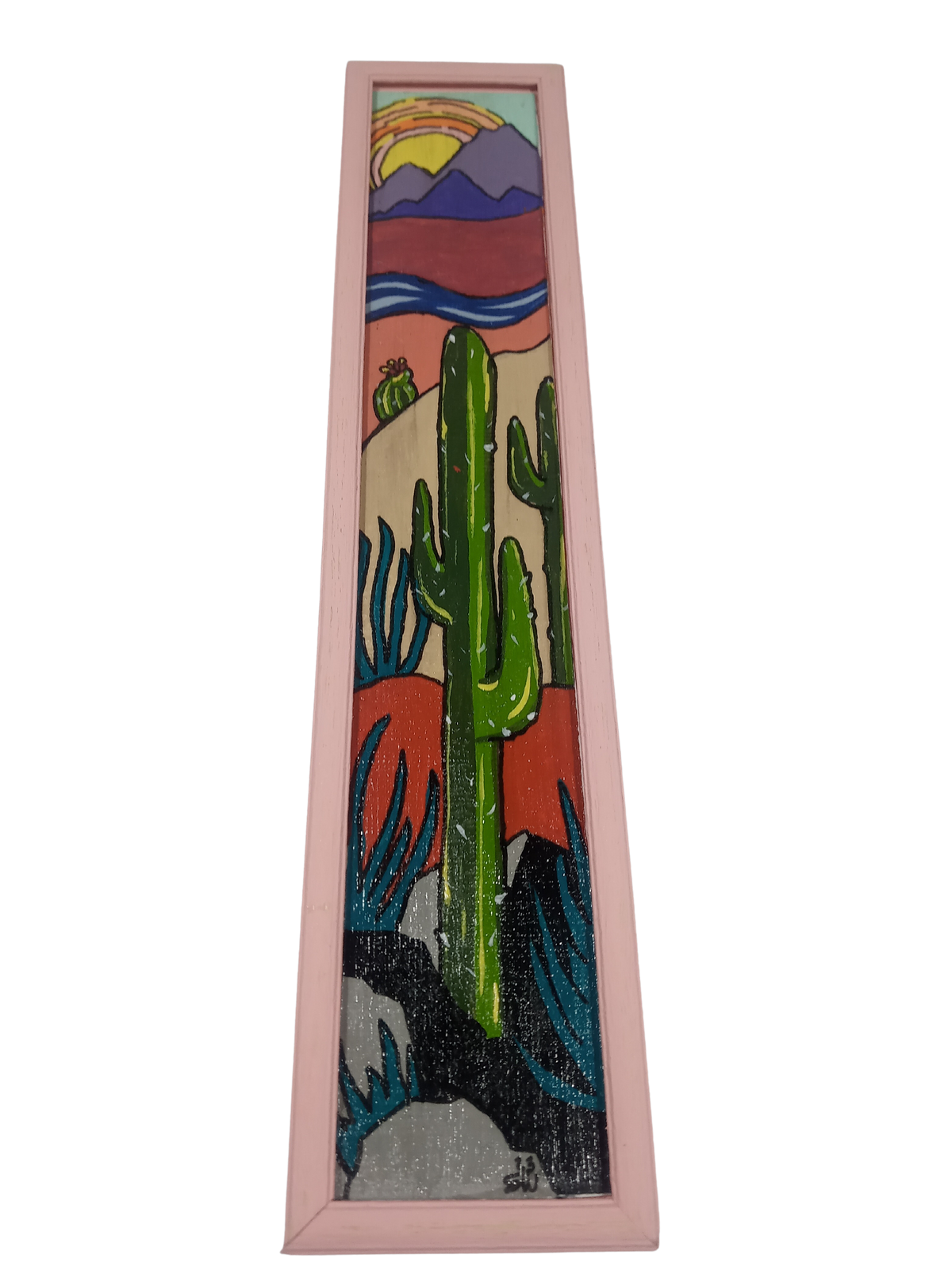 Saguaro Cactus with Sunset- Small Original Painting in Pink Frame