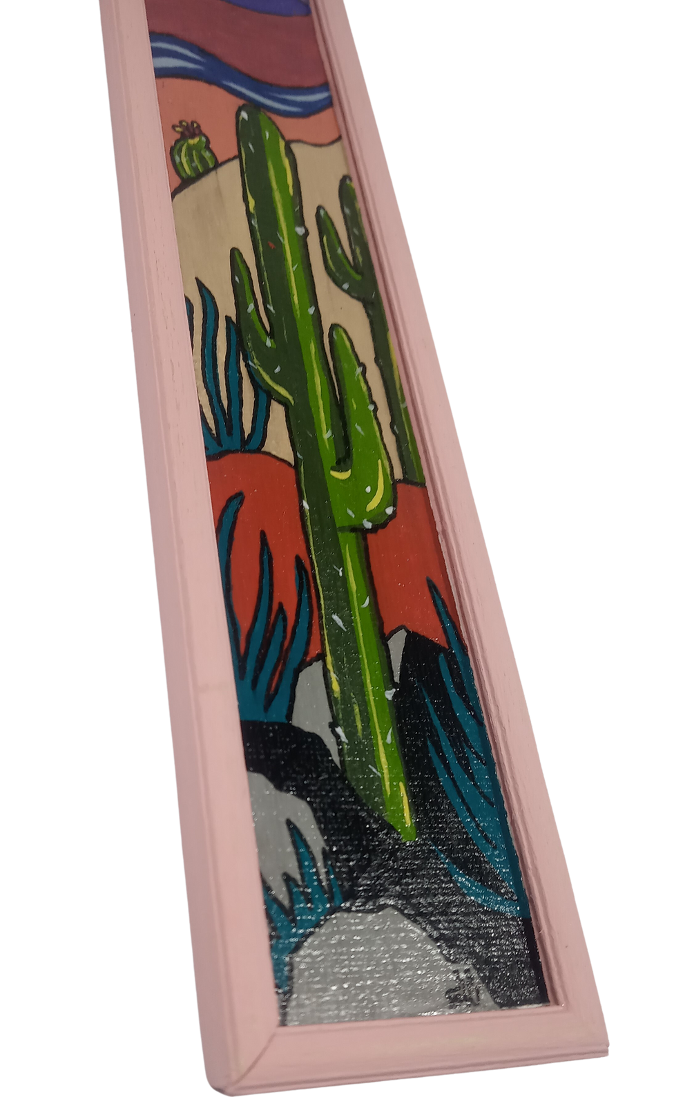 Saguaro Cactus with Sunset- Small Original Painting in Pink Frame