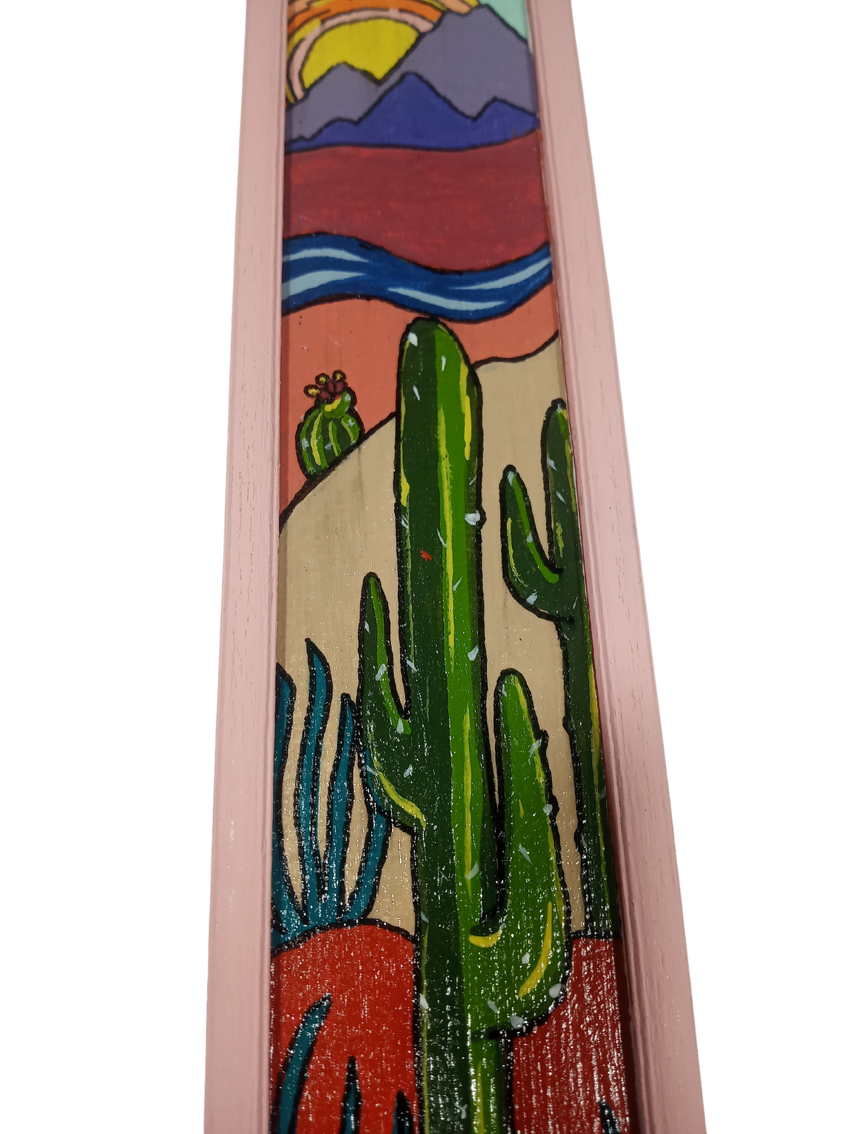 Saguaro Cactus with Sunset- Small Original Painting in Pink Frame