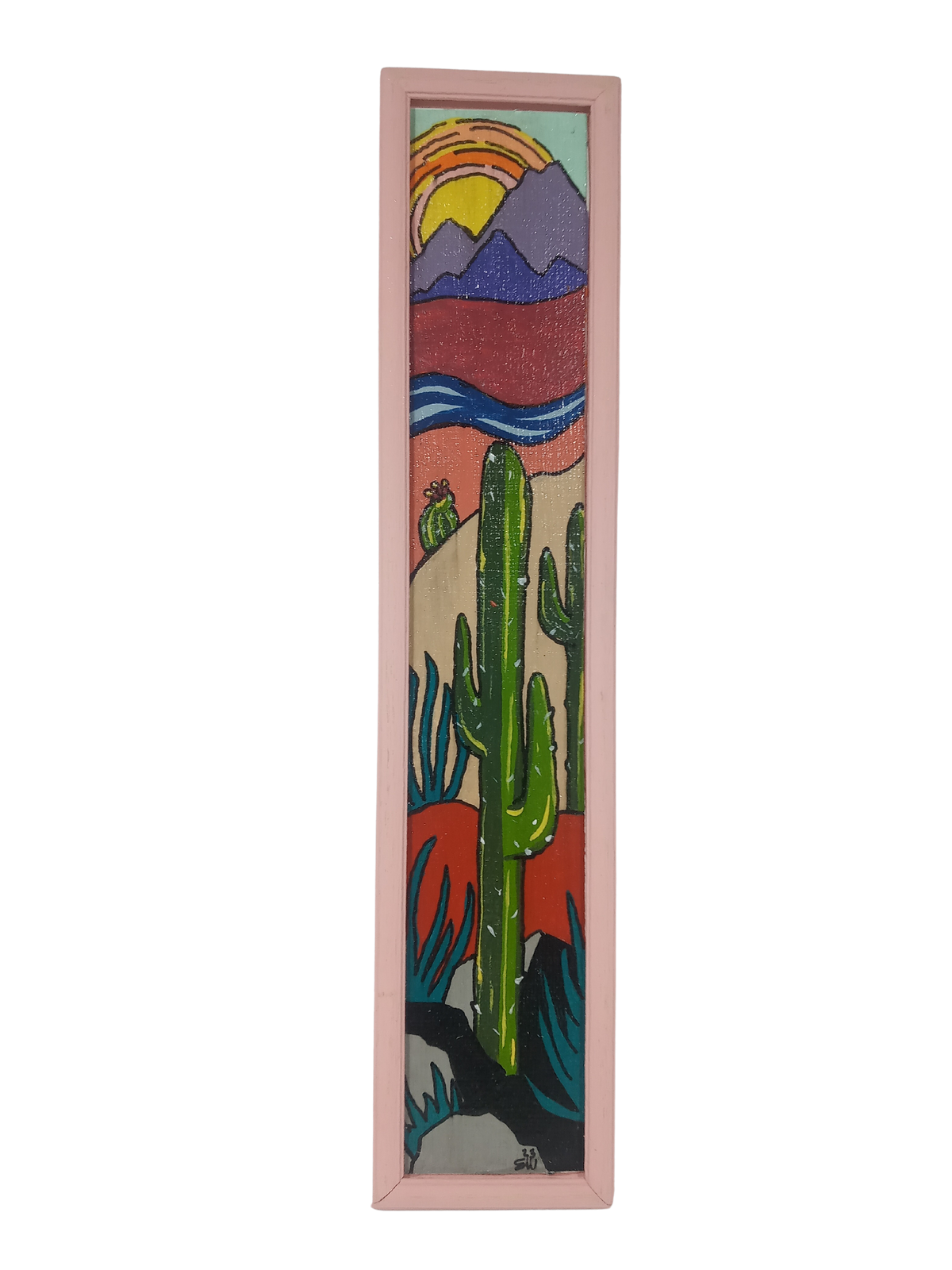 Saguaro Cactus with Sunset- Small Original Painting in Pink Frame