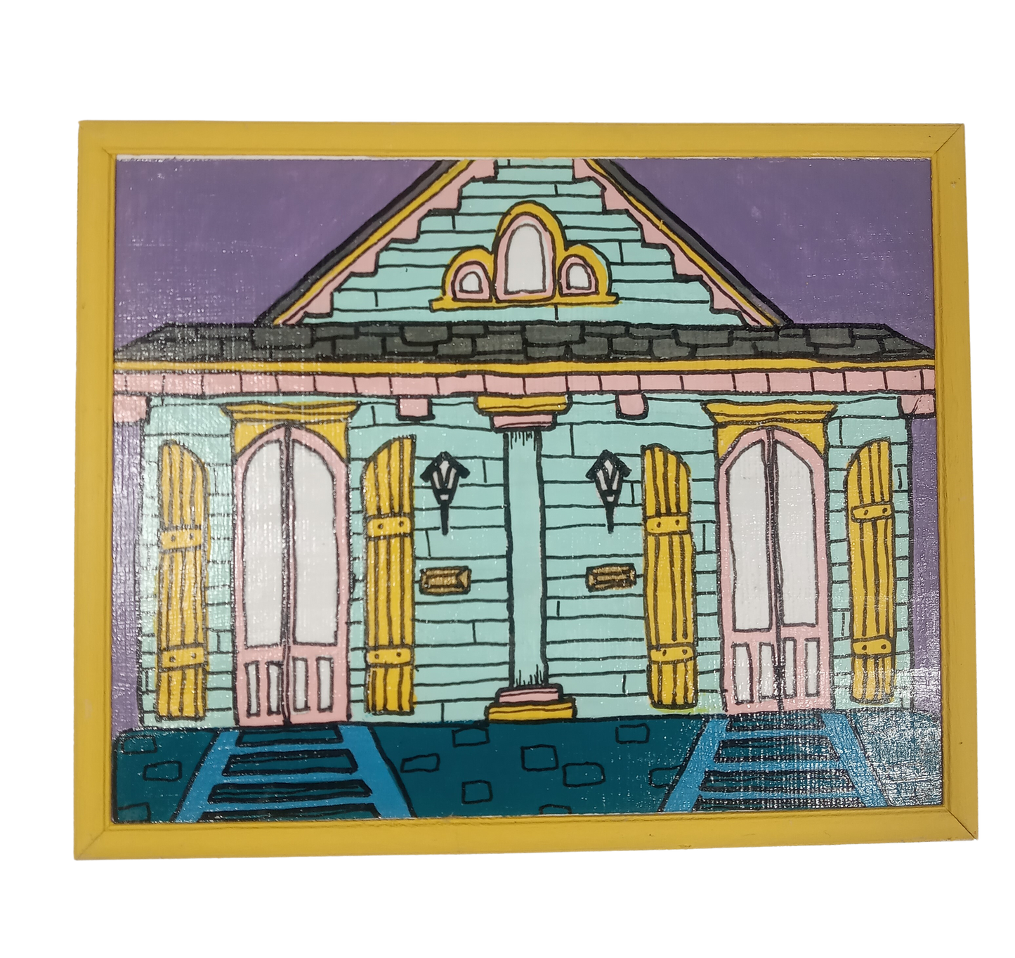 New Orleans Style House - Small Original Painting in Yellow Frame