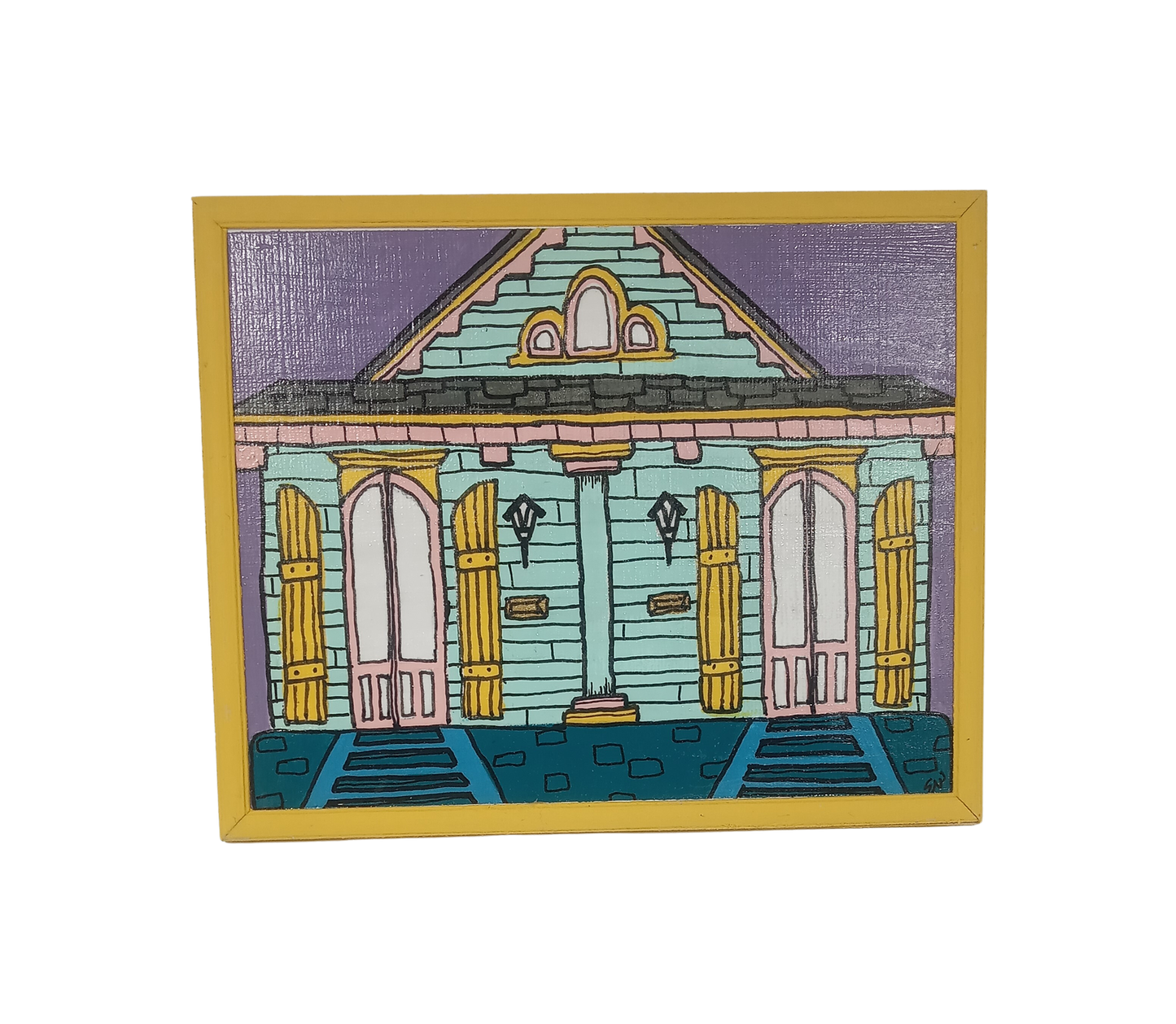New Orleans Style House - Small Original Painting in Yellow Frame