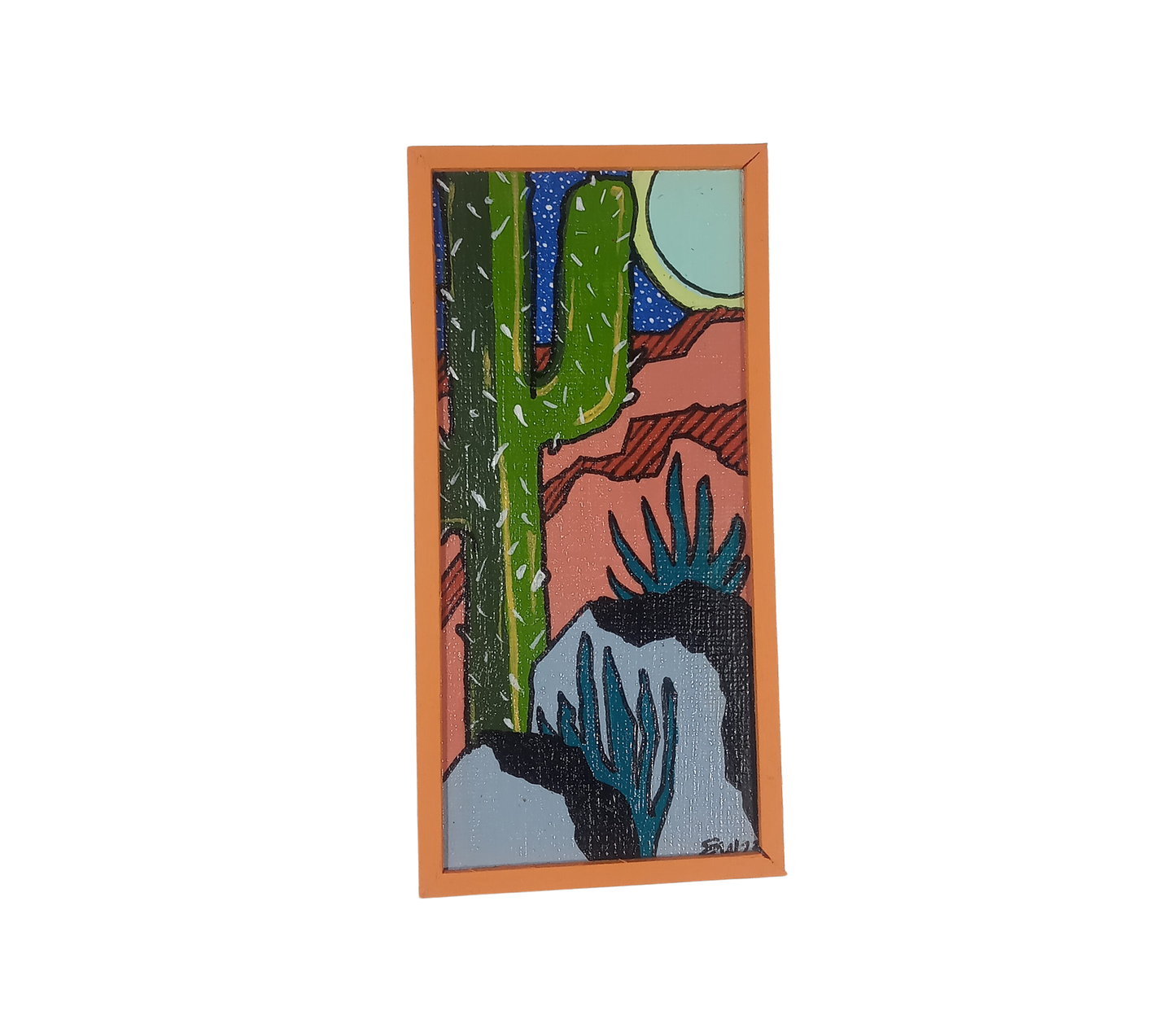 Saguaro Cactus with Moon- Small Original Painting in Orange Frame