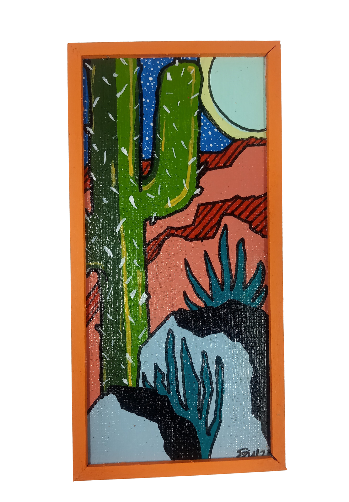 Saguaro Cactus with Moon- Small Original Painting in Orange Frame
