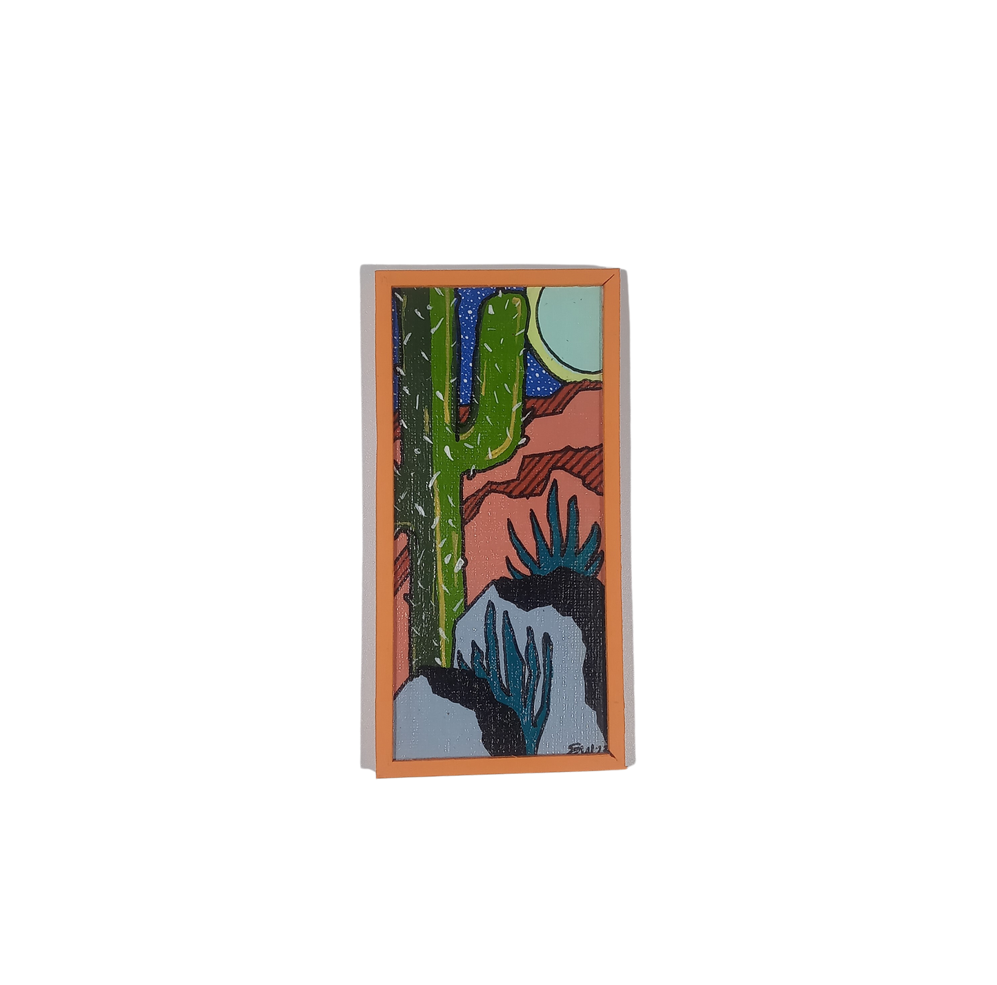 Saguaro Cactus with Moon- Small Original Painting in Orange Frame
