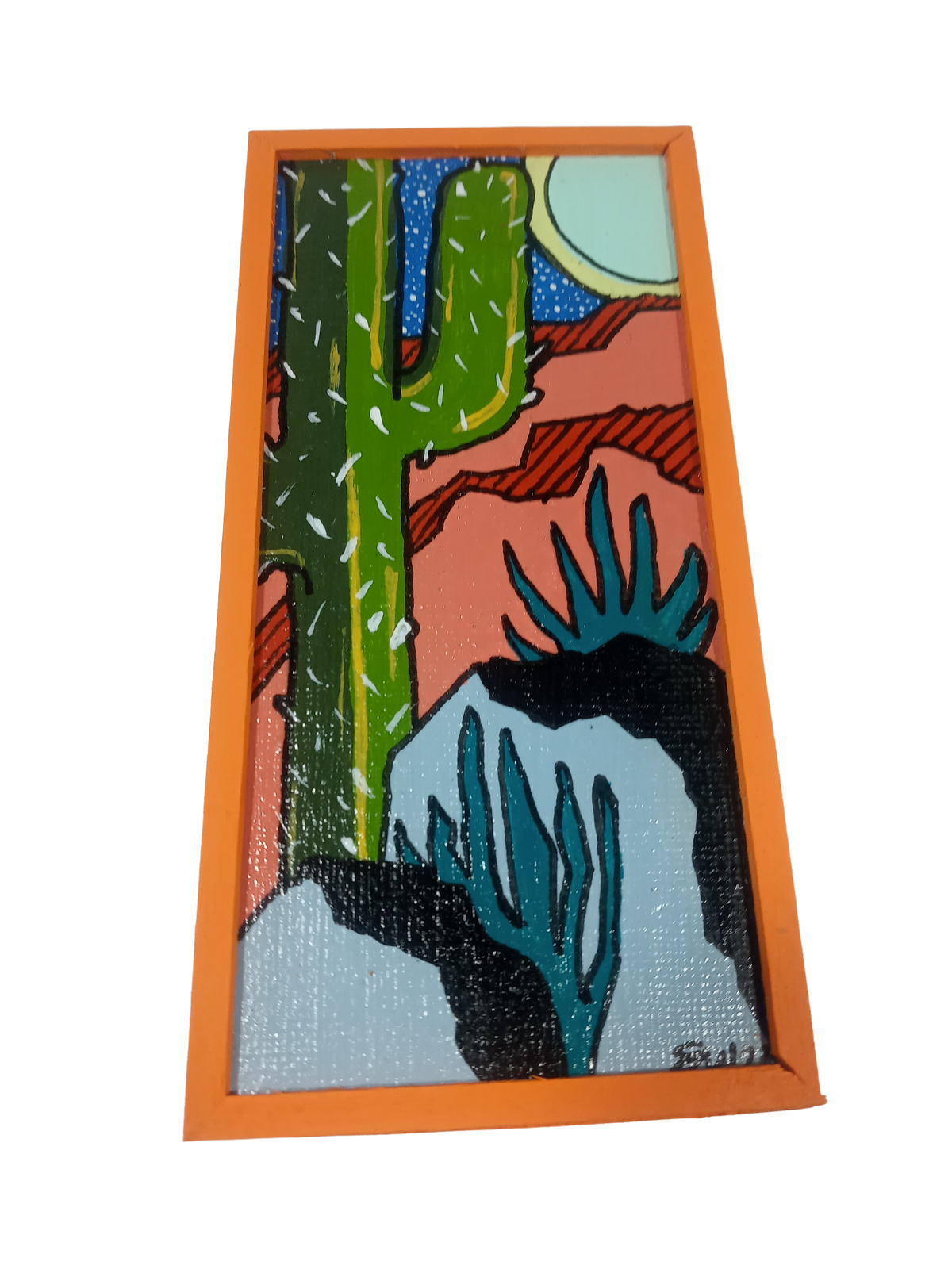 Saguaro Cactus with Moon- Small Original Painting in Orange Frame
