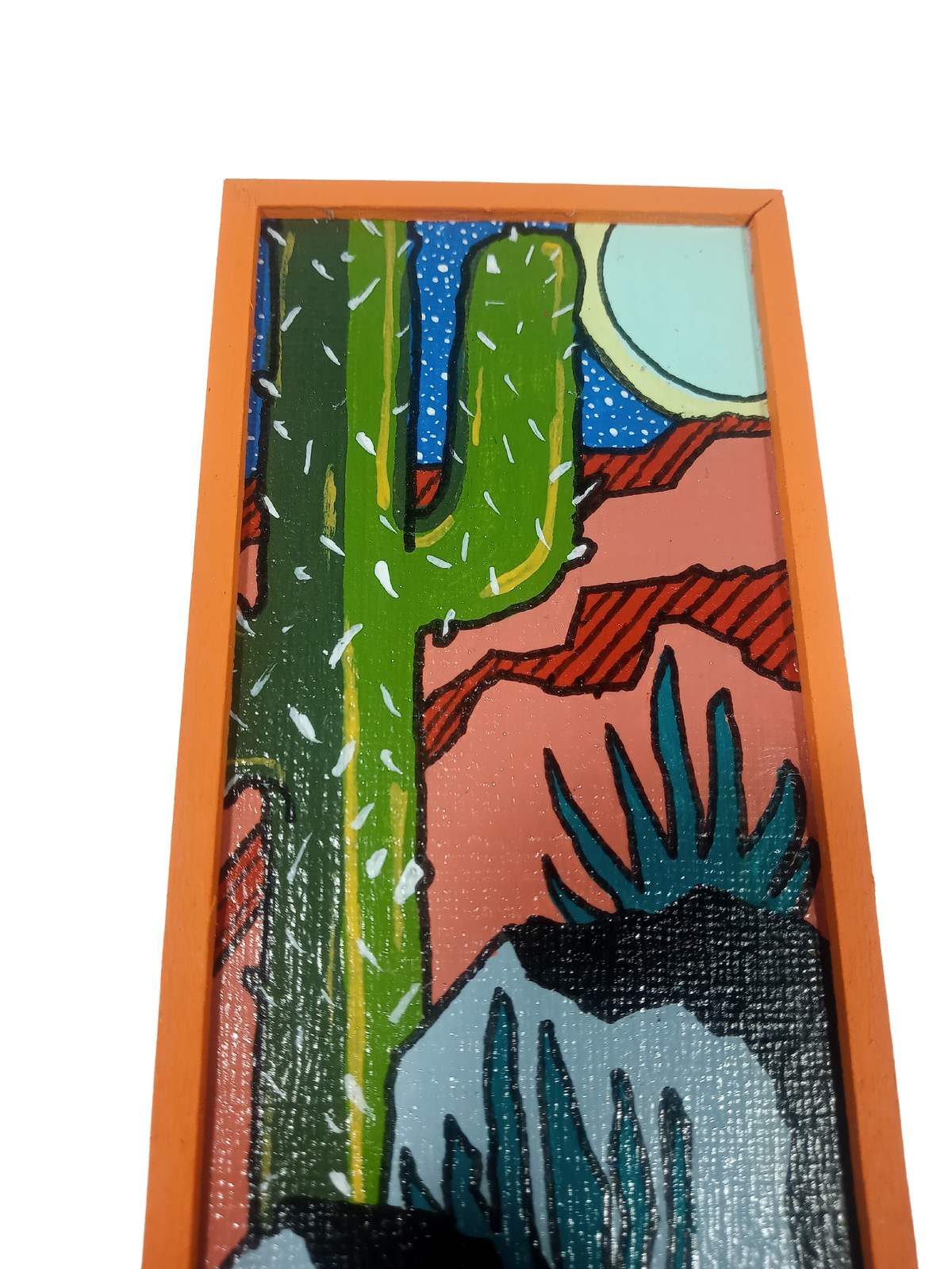 Saguaro Cactus with Moon- Small Original Painting in Orange Frame