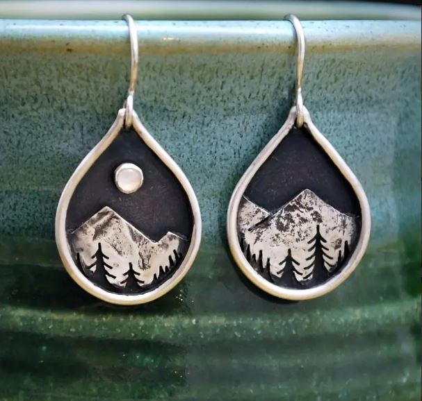 Mountain and Moon Pewter Earrings Set