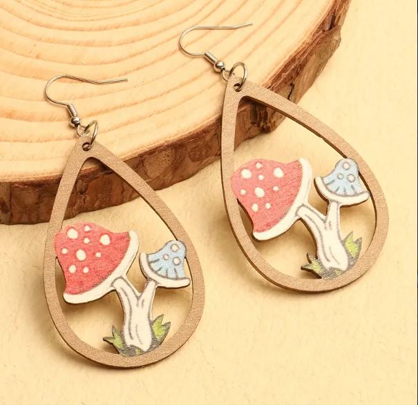 Wood Mushroom Earring Set