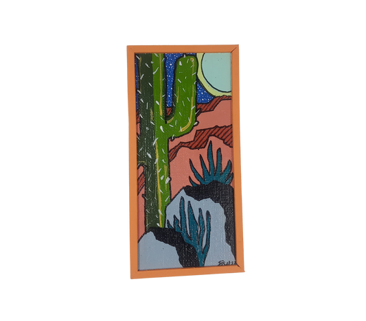 Saguaro Cactus with Moon- Small Original Painting in Orange Frame